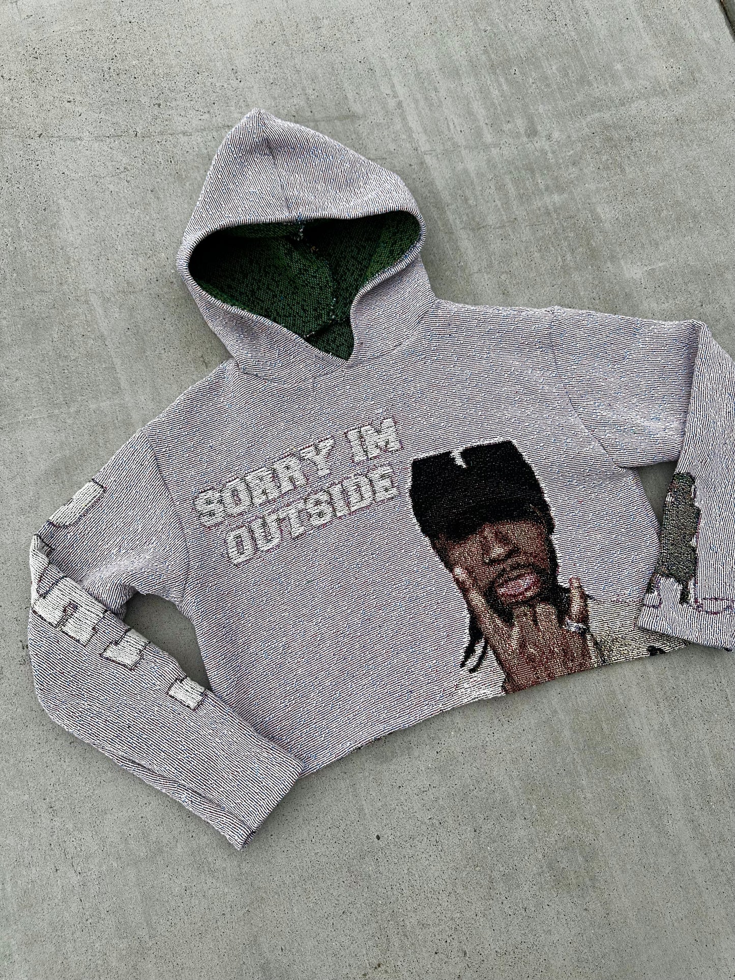 “SORRY IM OUTSIDE” Partynextdoor Cropped Tapestry Hoodie